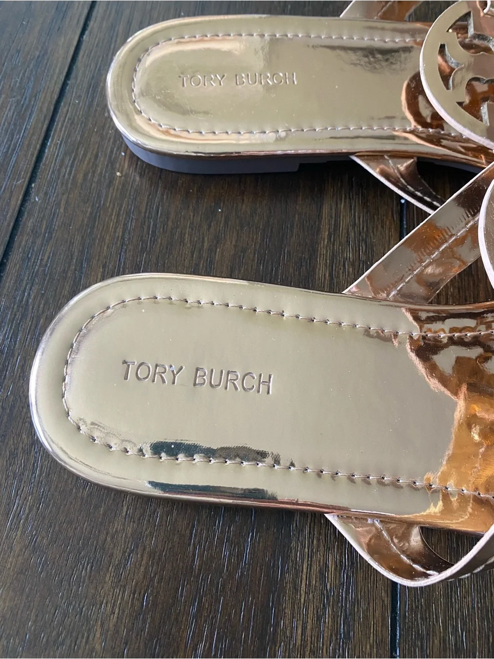 Tory Burch Metallic Rose Gold Logo Thong Sandals - Shiny Rose